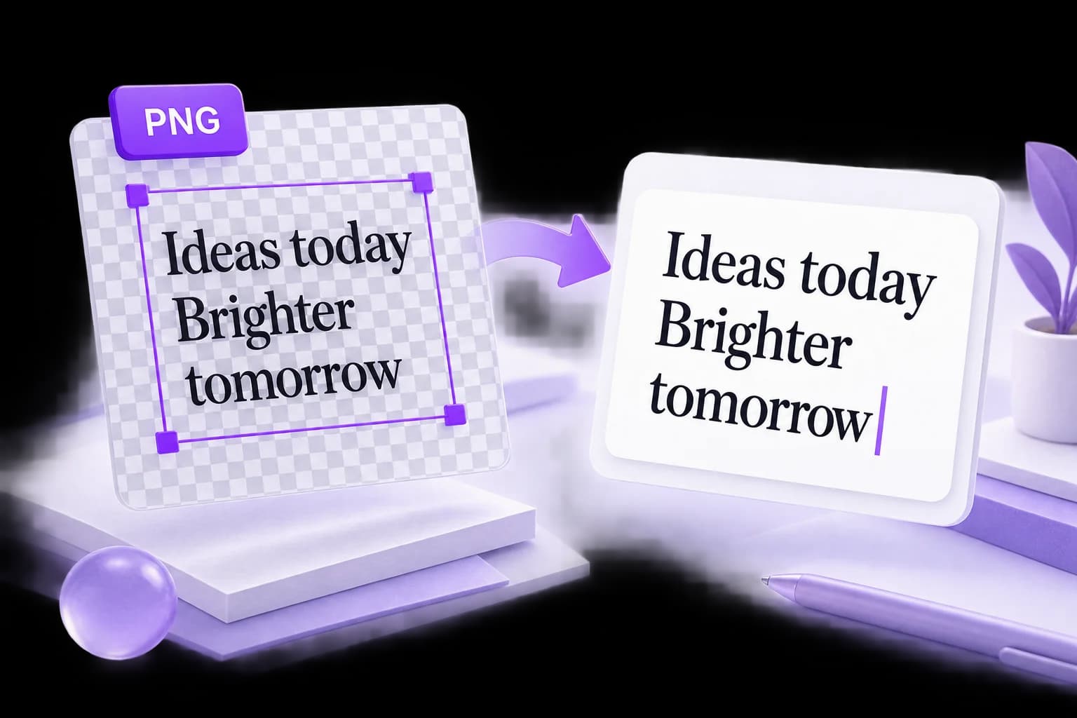 Purple crop frame around a PNG text panel beside a clean editable document on a pale lavender background.