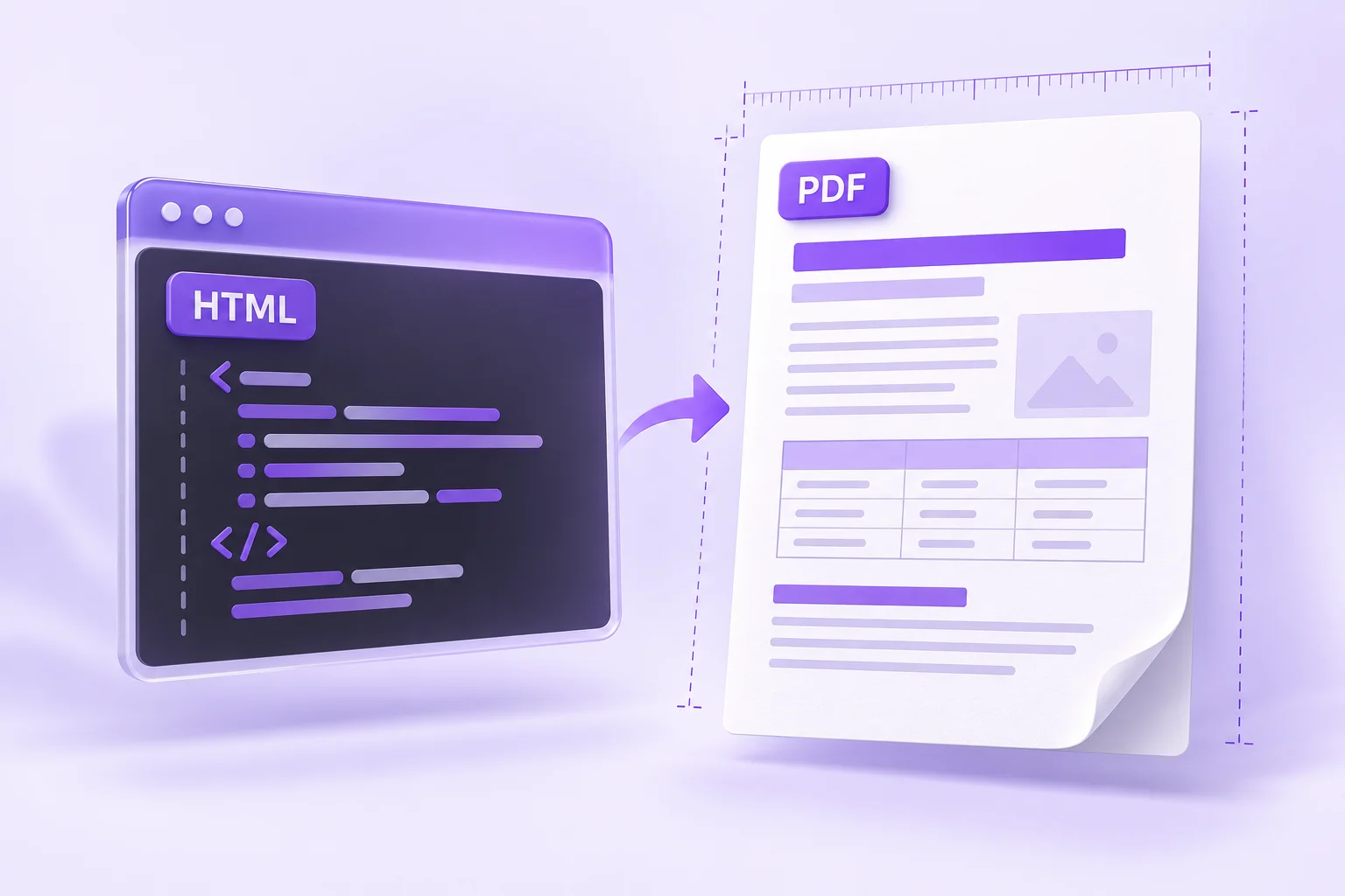 Purple HTML code panel beside an aligned PDF page with margin guides and a small table. Purple HTML code panel beside an aligned PDF page with margin guides and a small table.
