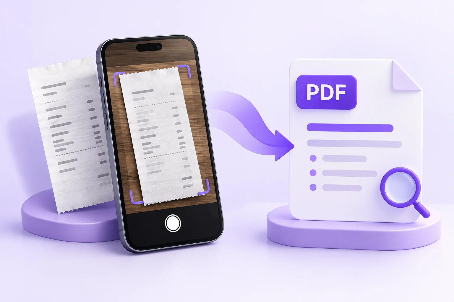 Phone with two paper receipts beside a purple-accented PDF card and a small search magnifier. Phone with two paper receipts beside a purple-accented PDF card and a small search magnifier.