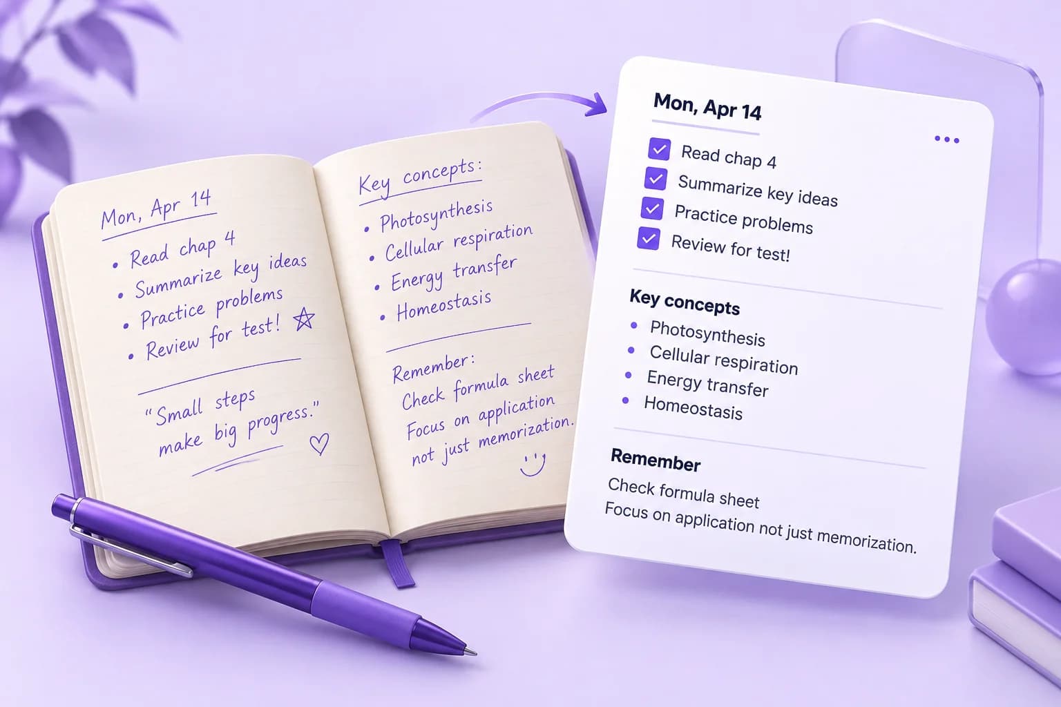 Open handwritten notebook and purple pen beside an organized digital study note card. Open handwritten notebook and purple pen beside an organized digital study note card.