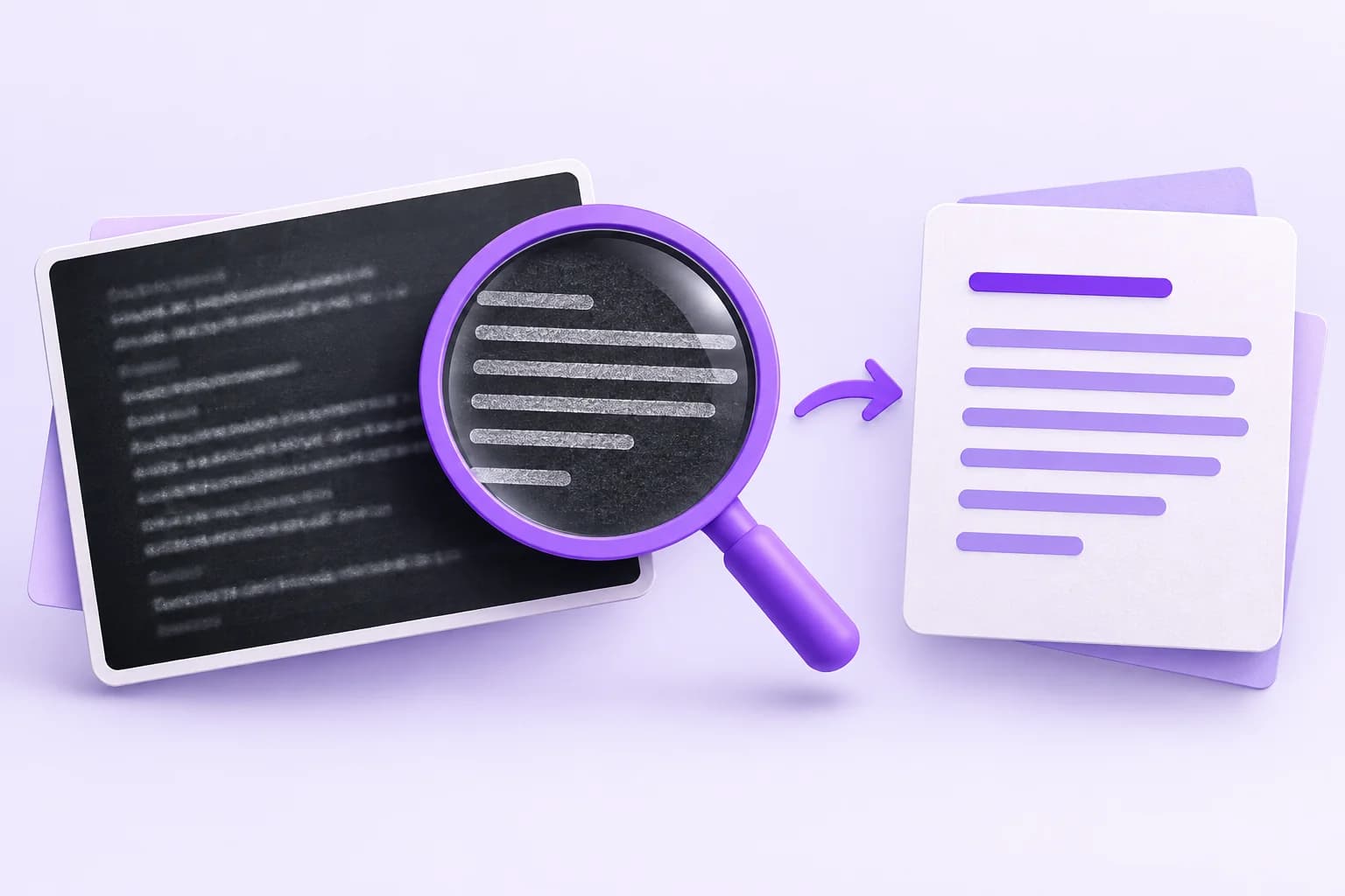Purple magnifying glass between a dark screenshot panel and a clean white text card. Purple magnifying glass between a dark screenshot panel and a clean white text card.