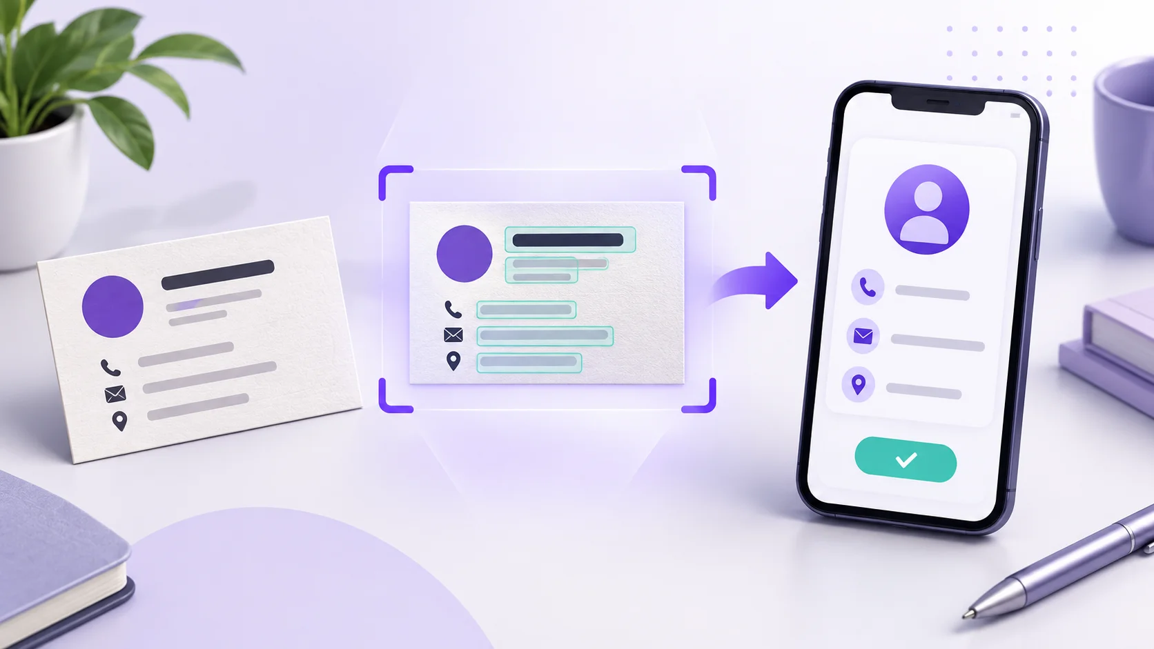 Business card being scanned into editable contact details on a smartphone