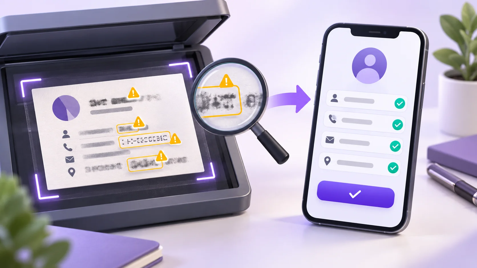 Business card OCR errors being reviewed and corrected before saving a phone contact